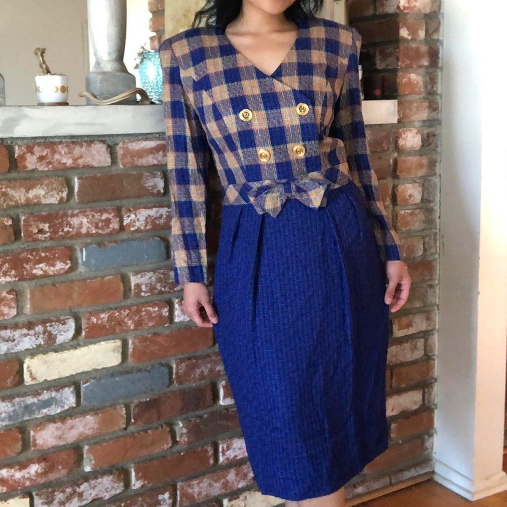 David Warren Vintage Blue Yellow Plaid Bow Dress 10